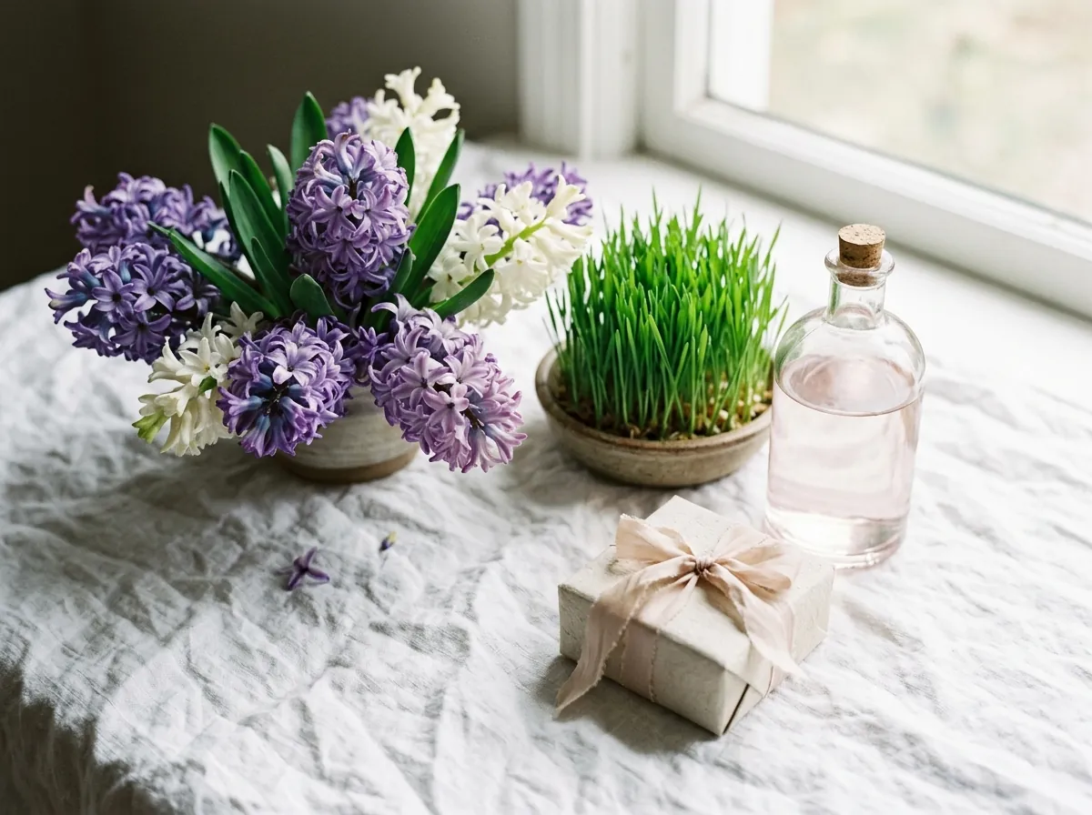 Spring hyacinths, wheatgrass and rosewater for Nowruz